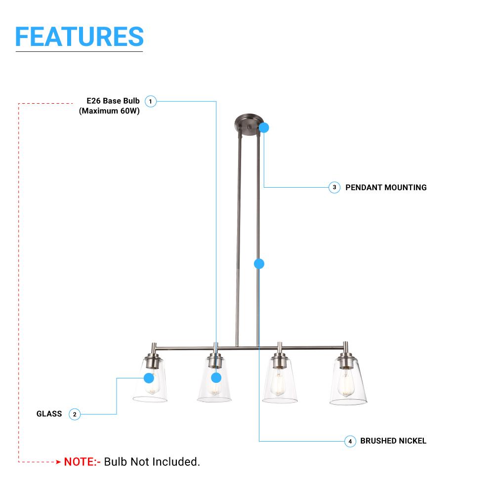 4-Lights Island Linear Pendant Light with Clear Glass Shade, E26 Base, UL Listed for Damp Location
