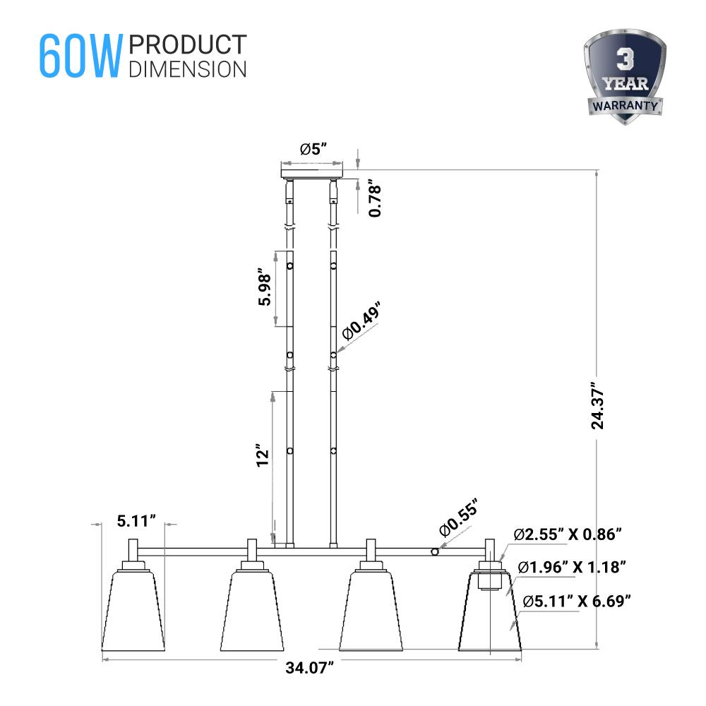 4-Lights Island Linear Pendant Light with Clear Glass Shade, E26 Base, UL Listed for Damp Location