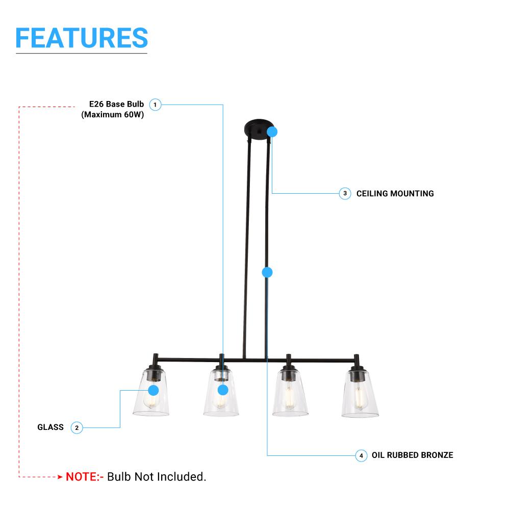 4-Lights Island Linear Pendant Light with Clear Glass Shade, E26 Base, UL Listed for Damp Location