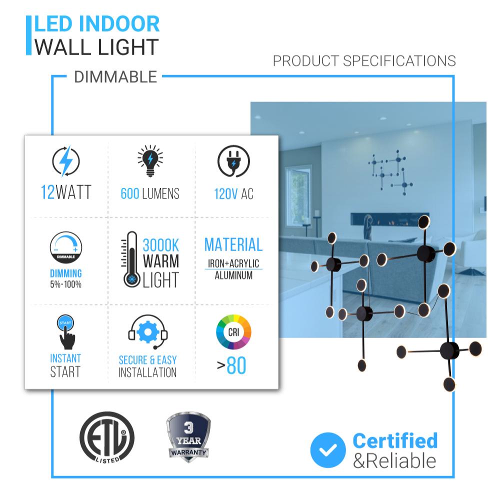 4-Lights, LED Wall Sconce Light 12W/Head, 3000K, 600LM/Head, Integrated LED Light Combination, 120V Dimmable, Matte Black Body Finish