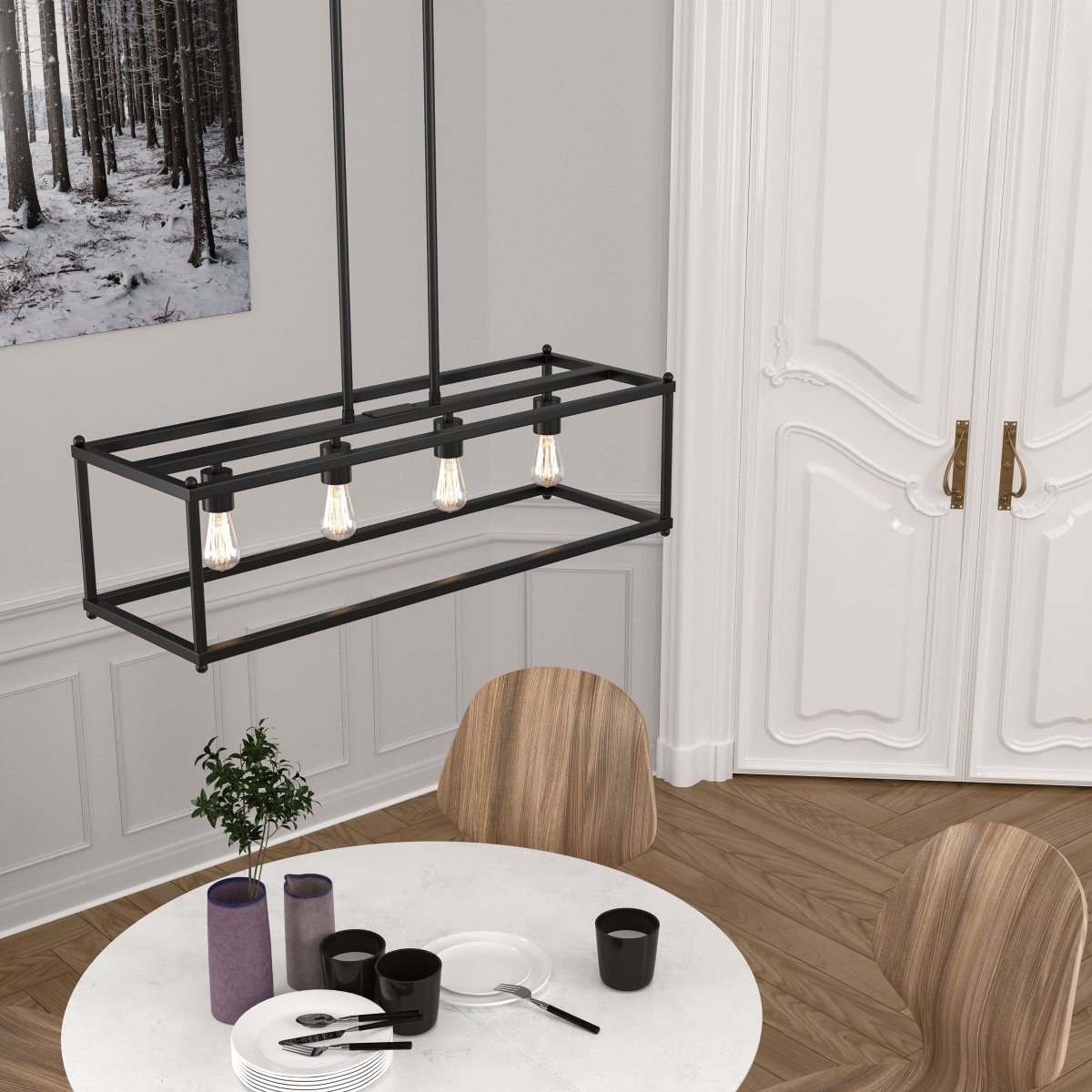 4-Lights Linear Chandelier Light, For Damp Location, Open Frame Rectangle Chandeliers, E26 Base, UL Listed, 5 Years Warranty
