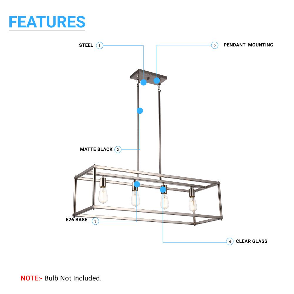 4-Lights Linear Chandelier Light, For Damp Location, Open Frame Rectangle Chandeliers, E26 Base, UL Listed, 5 Years Warranty