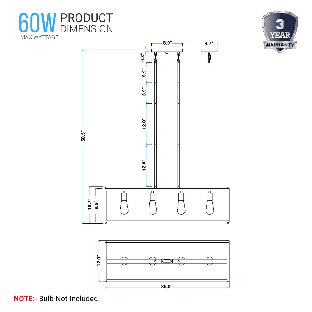 4-Lights Linear Chandelier Light, For Damp Location, Open Frame Rectangle Chandeliers, E26 Base, UL Listed, 5 Years Warranty