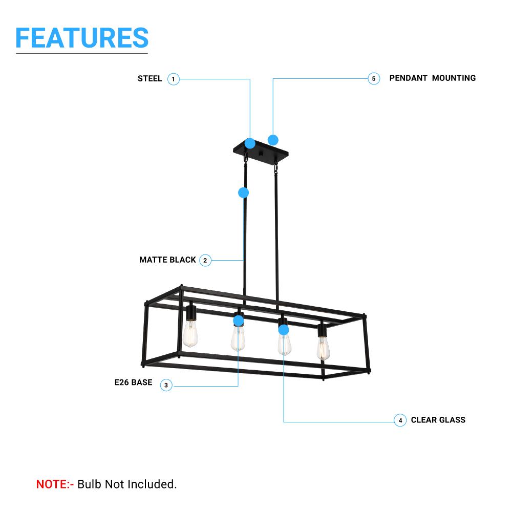 4-Lights Linear Chandelier Light, For Damp Location, Open Frame Rectangle Chandeliers, E26 Base, UL Listed, 5 Years Warranty
