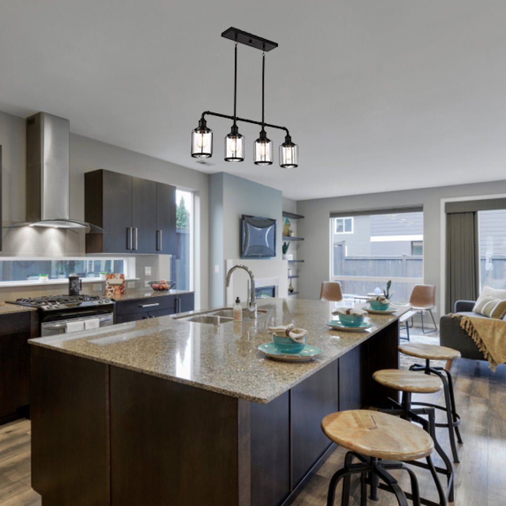 4-Lights Linear Pendant Light with Clear Glass Shades, Matte Black Finish, UL Listed for Damp Location, E26 Base