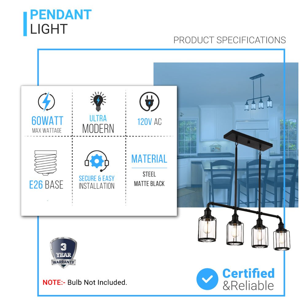 4-Lights Linear Pendant Light with Clear Glass Shades, Matte Black Finish, UL Listed for Damp Location, E26 Base