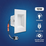 4" Square LED Downlight, 10W, 5CCT Changeable: 2700K/3000K/3500K/4000K/5000K, 120V AC, Baffle Aluminum Trim, Damp Rated