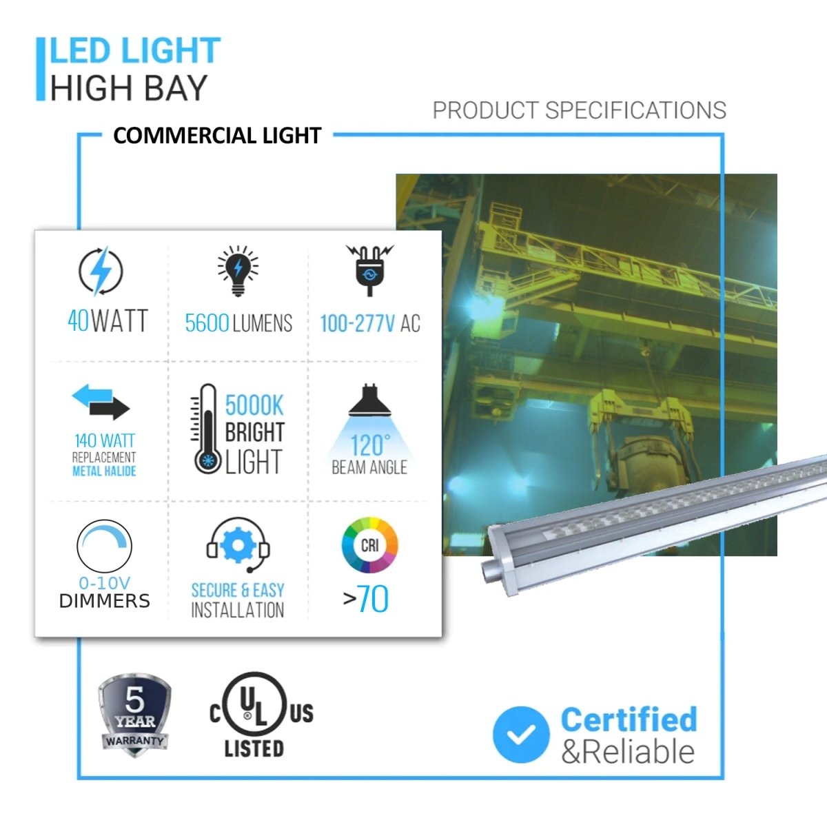 40 Watt 2FT LED Explosion Proof Low Bay Linear Light, FLF Series, 0-10V Dimming, 5000K, 5600LM, AC100-277V, IP66, Hazardous Location Lighting Fixtures