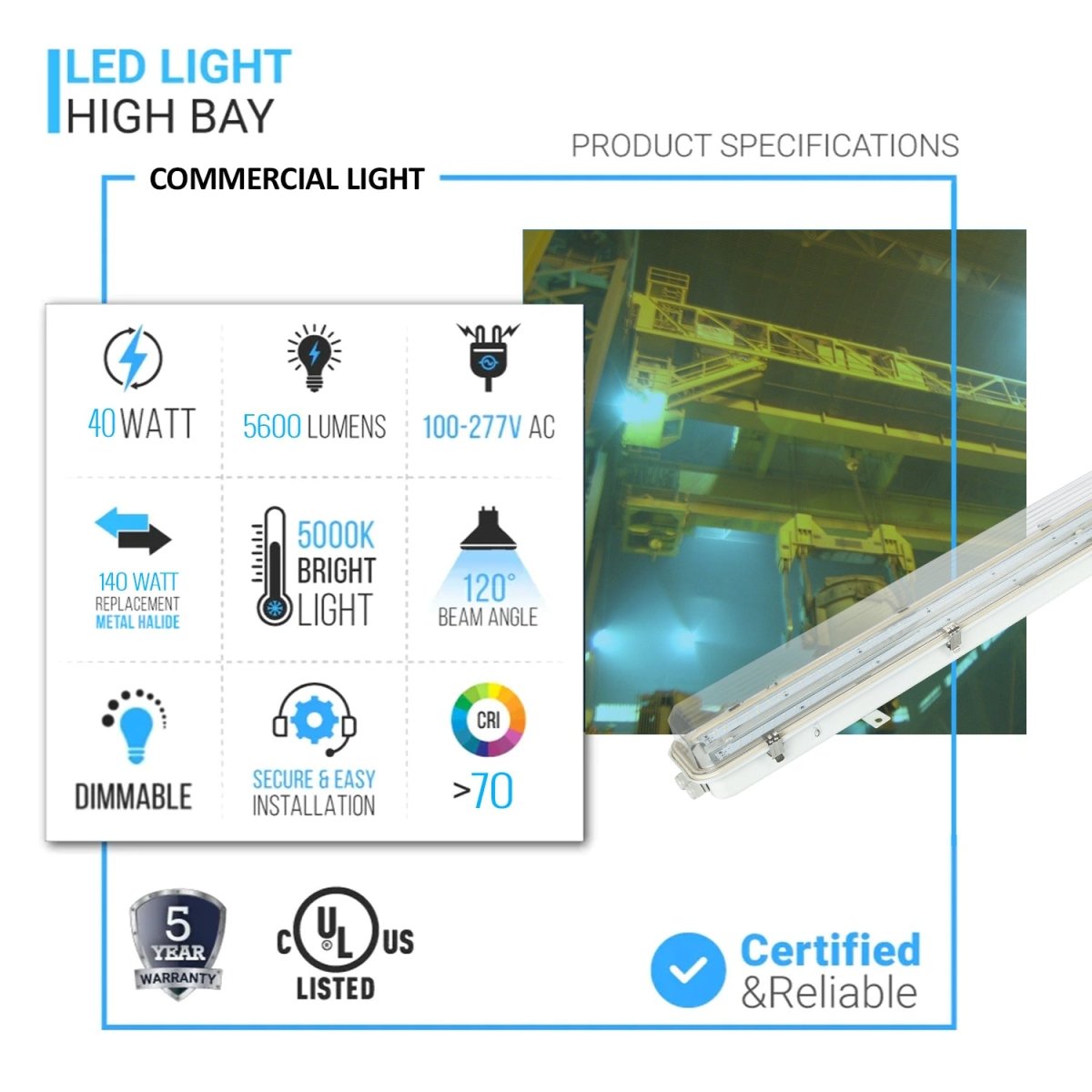40 Watt 2FT LED Explosion Proof Vapor Proof Light, R Series, Dimmable, 5000K, 5600LM, AC100-277V, IP66, Hazardous Location Lighting Fixtures