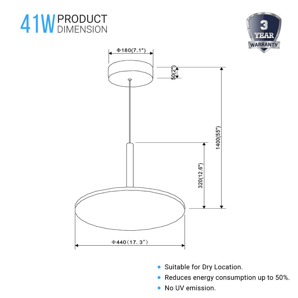 41W Round Plate Pendant Light, 3000K, 2225LM, Diameter 17.3" x 55"H, Dimmable, Home Office Lighting