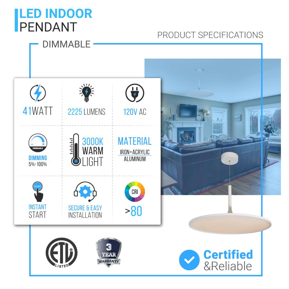 41W Round Plate Pendant Light, 3000K, 2225LM, Diameter 17.3" x 55"H, Dimmable, Home Office Lighting