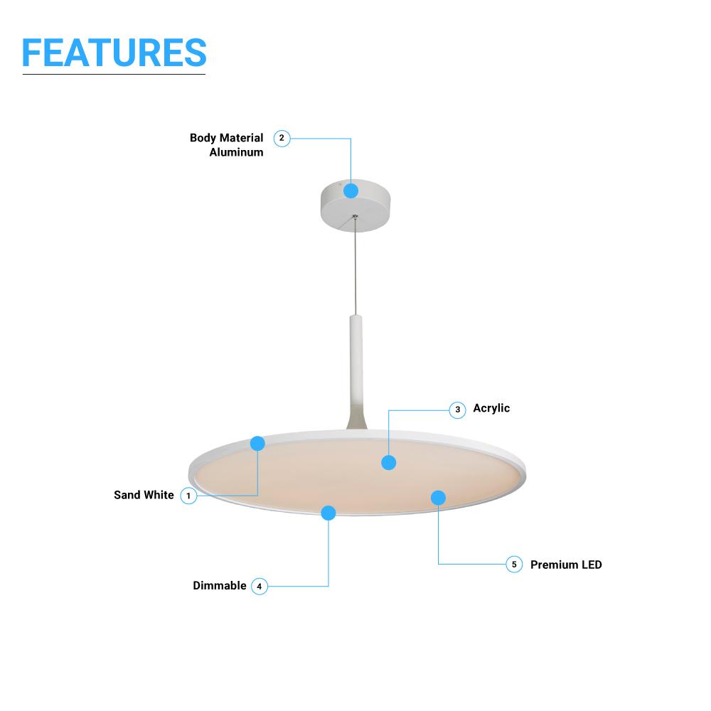 41W Round Plate Pendant Light, 3000K, 2225LM, Diameter 17.3" x 55"H, Dimmable, Home Office Lighting