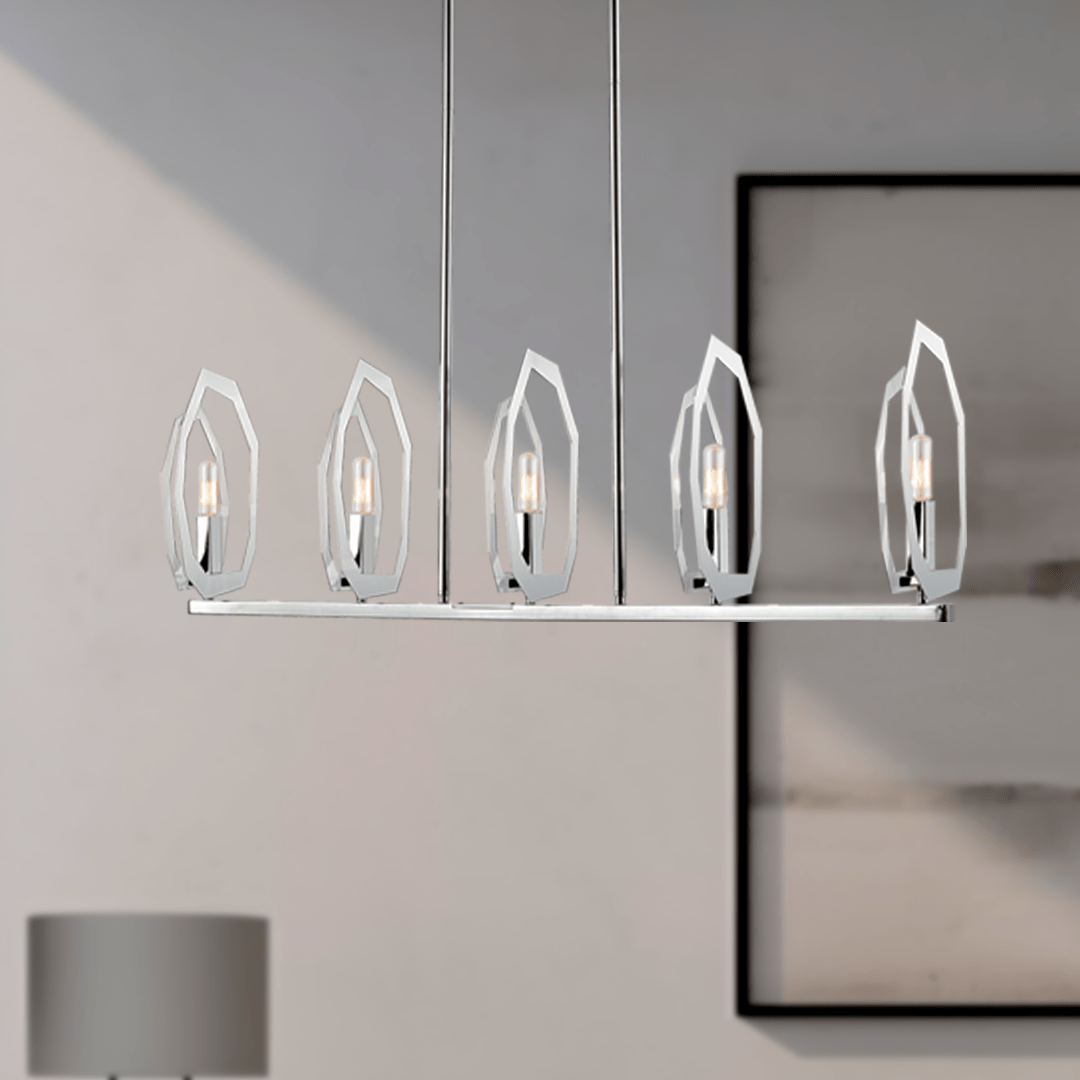 5-Light Chrome and stainless steel Finish with Deco Candlestick Linear Chandelier for Dining Room - 43"L x 7“W x 13”H