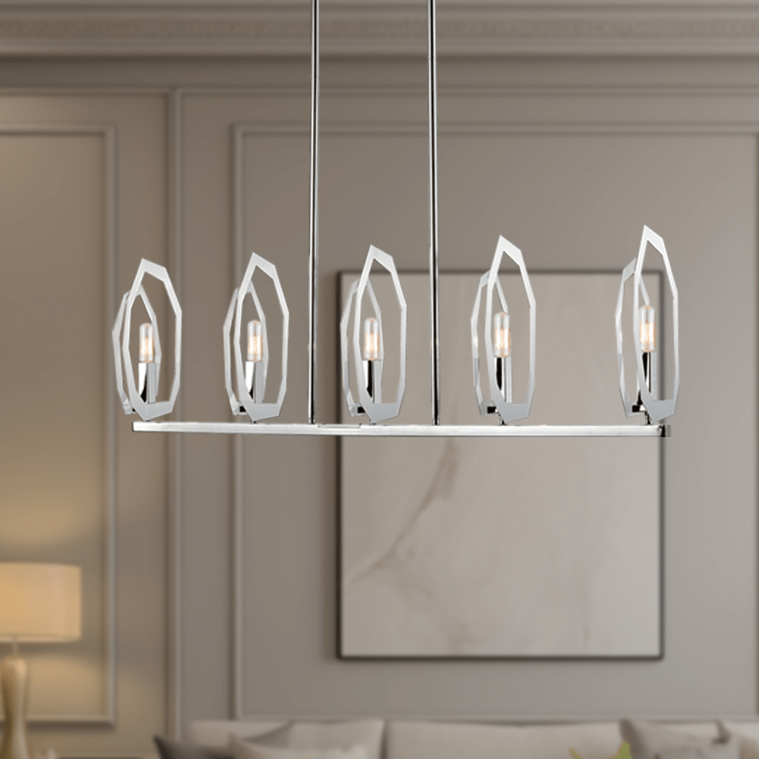 5-Light Chrome and stainless steel Finish with Deco Candlestick Linear Chandelier for Dining Room - 43"L x 7“W x 13”H