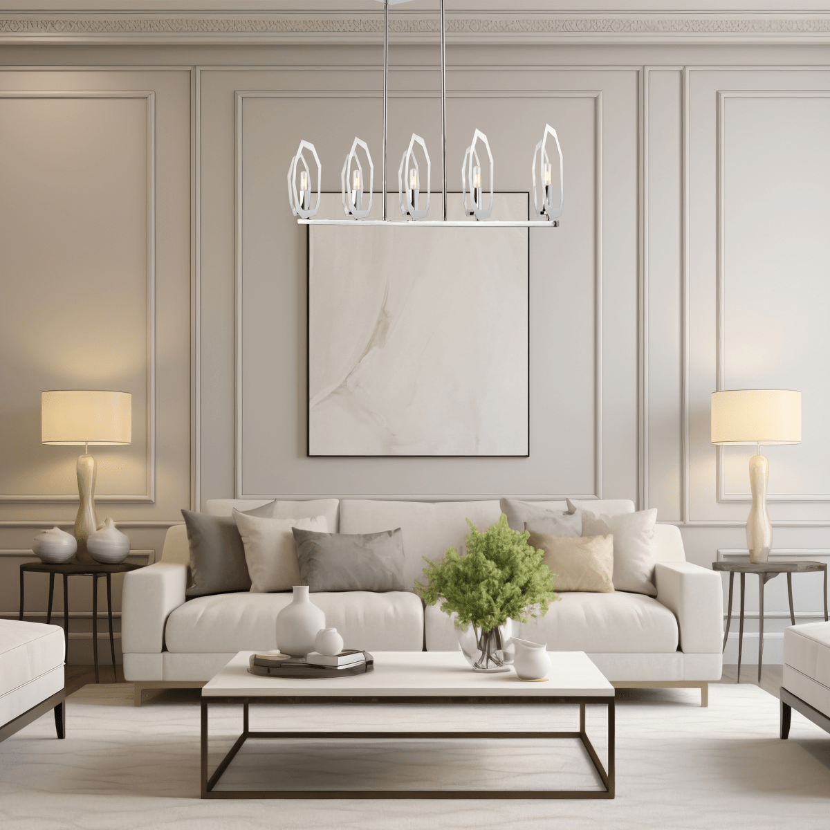 5-Light Chrome and stainless steel Finish with Deco Candlestick Linear Chandelier for Dining Room - 43"L x 7“W x 13”H