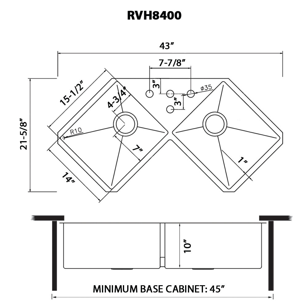 44 Inch Corner Butterfly Undermount Kitchen Sink 16 Gauge Double Bowl Sink
