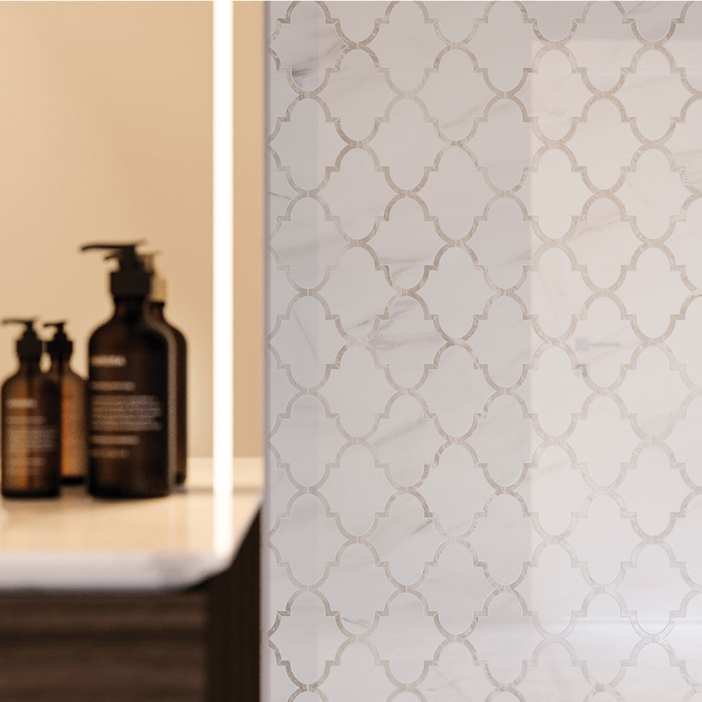 Mayfair High Gloss Volakas Grigio Arabesque Polished Glazed Porcelain Mosaic