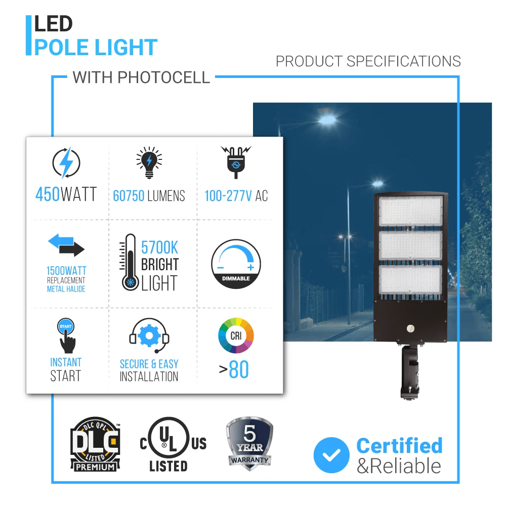 450W LED Pole Light with Dusk to Dawn Photocell, 5700K, AC120-277V, Universal Mount, Bronze, With 20KV Surge Protector, IP65 Waterproof, LED Parking Lot Lights - Outdoor Commercial Area Street Lighting, Gen14