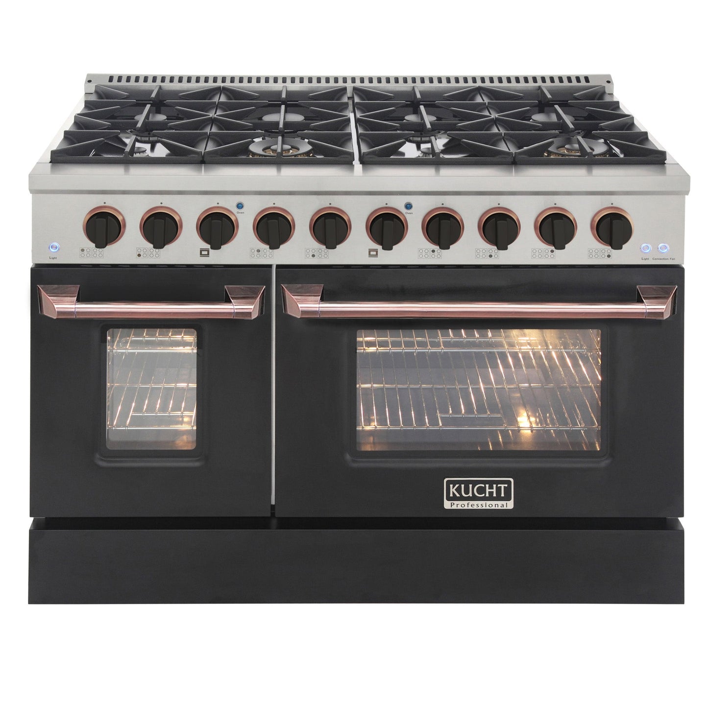 KUCHT Professional 48 in. 6.7 cu. ft. Dual Fuel Range for Propane Gas with Sealed Burners Griddle Grill and Two Ovens One Convection in Stainless Steel with Black Oven Door Black Knobs and Knob Rings