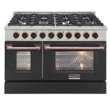 KUCHT Professional 48 in. 6.7 cu. ft. Dual Fuel Range for Propane Gas with Sealed Burners Griddle Grill and Two Ovens One Convection in Stainless Steel with Black Oven Door Black Knobs and Knob Rings