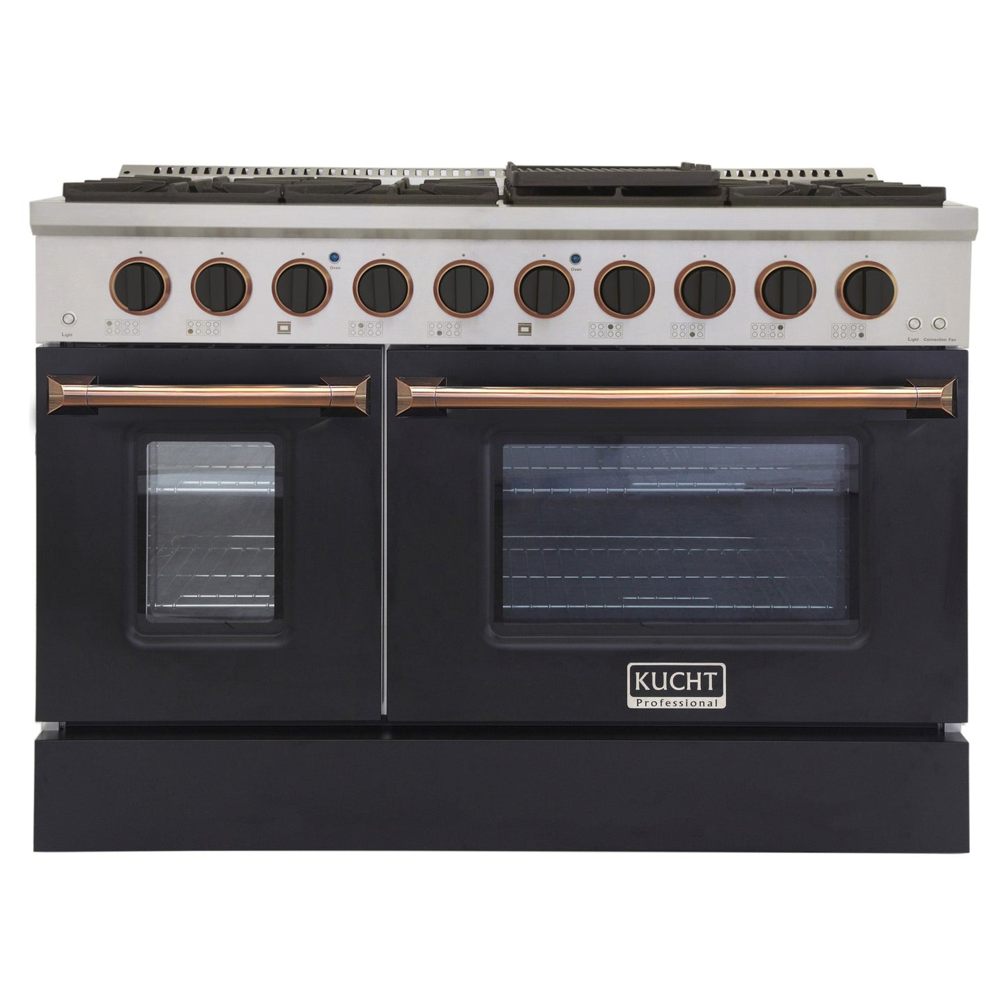 KUCHT Professional 48 in. 6.7 cu. ft. Dual Fuel Range for Propane Gas with Sealed Burners Griddle Grill and Two Ovens One Convection in Stainless Steel with White Oven Door White Knobs and knob rings