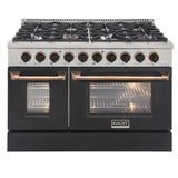 KUCHT Professional 48 in. 6.7 cu. ft. Dual Fuel Range for Natural Gas with Sealed Burners Griddle Grill and Two Ovens One Convection in Stainless Steel with Black Oven Door Black Knobs and Knob Rings
