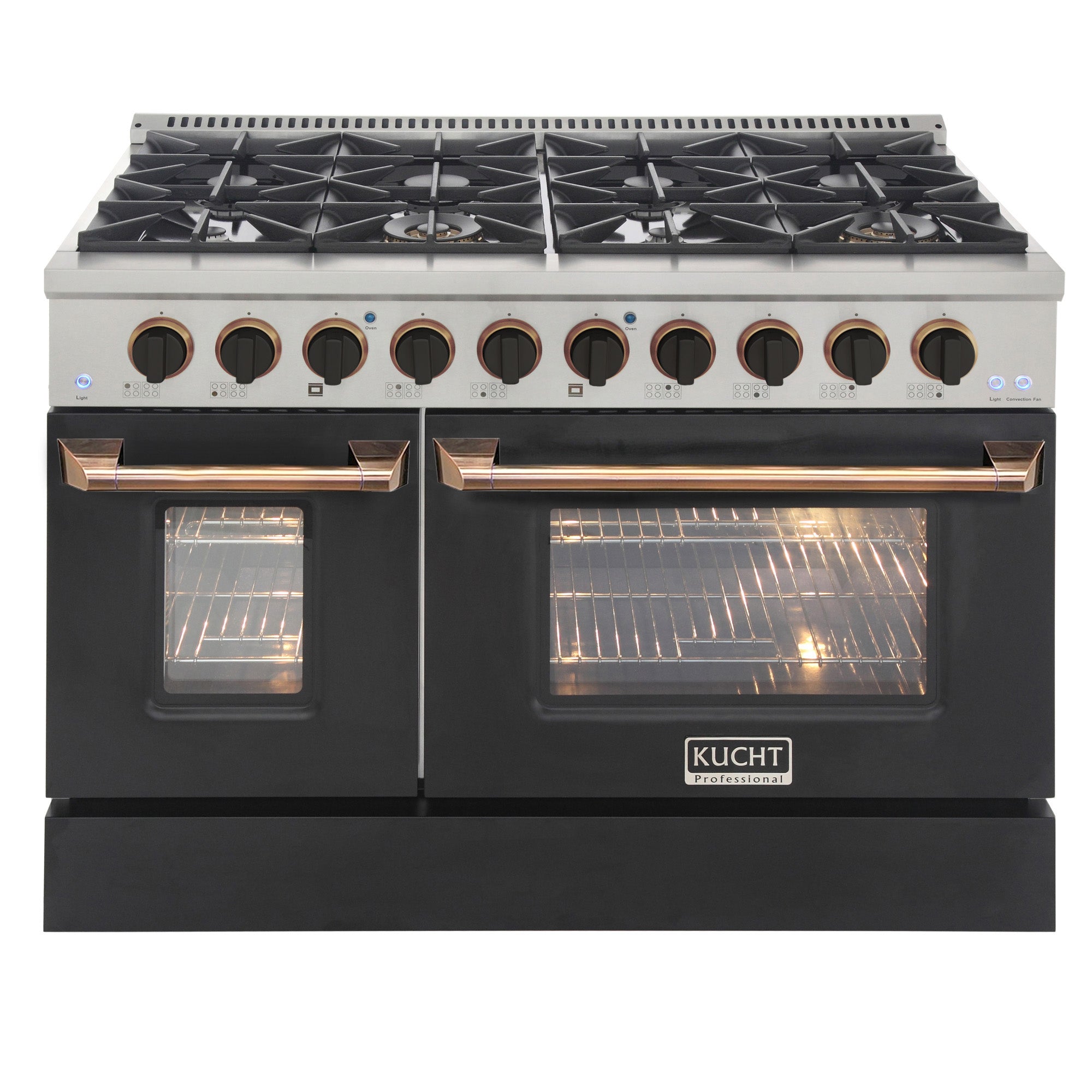 KUCHT Professional 48 in. 6.7 cu. ft. Dual Fuel Range for Natural Gas with Sealed Burners Griddle Grill and Two Ovens One Convection in Stainless Steel with Black Oven Door Black Knobs and Knob Rings