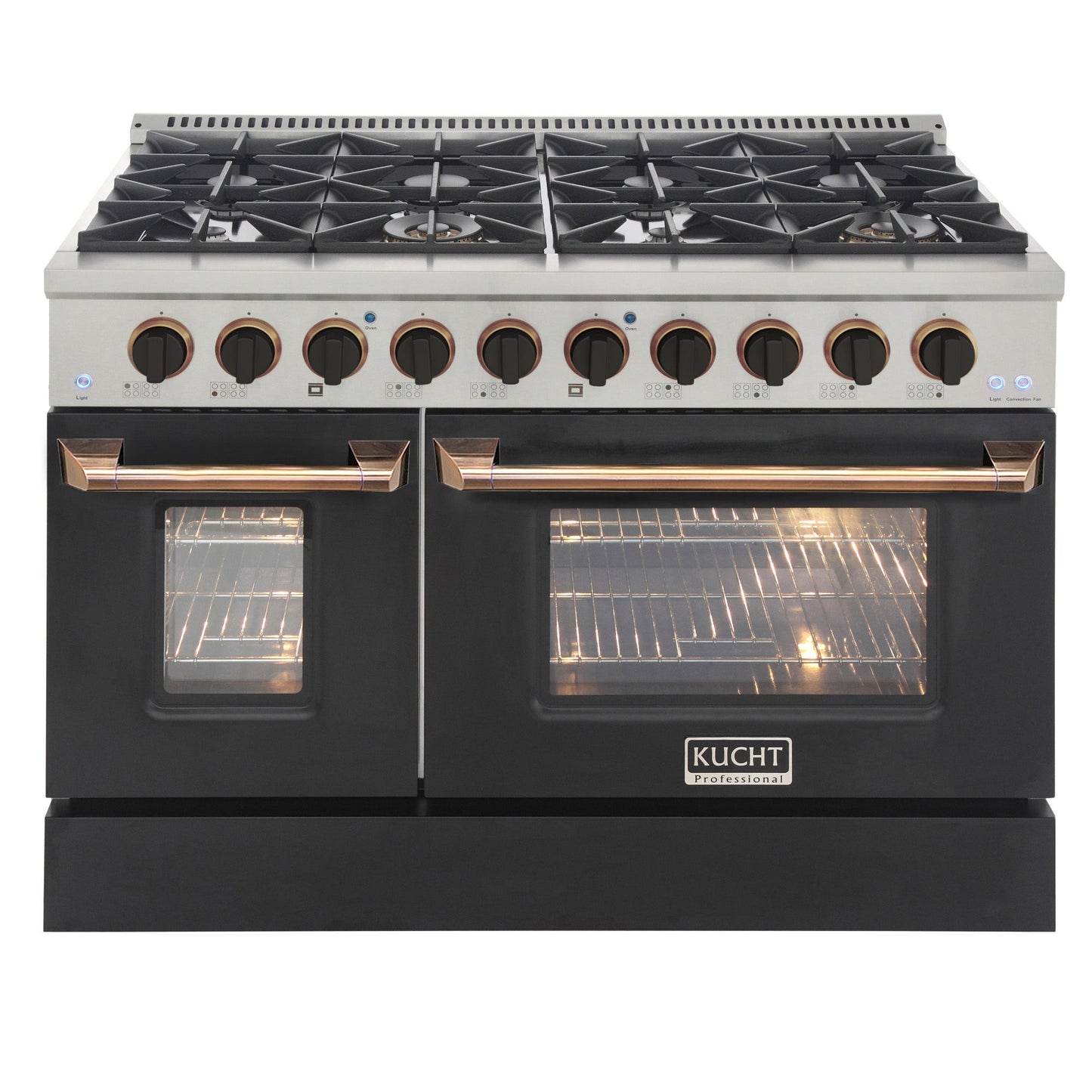 KUCHT Professional 48 in. 6.7 cu. ft. Dual Fuel Range for Propane Gas with Sealed Burners Griddle Grill and Two Ovens One Convection in Stainless Steel with White Oven Door White Knobs and knob rings