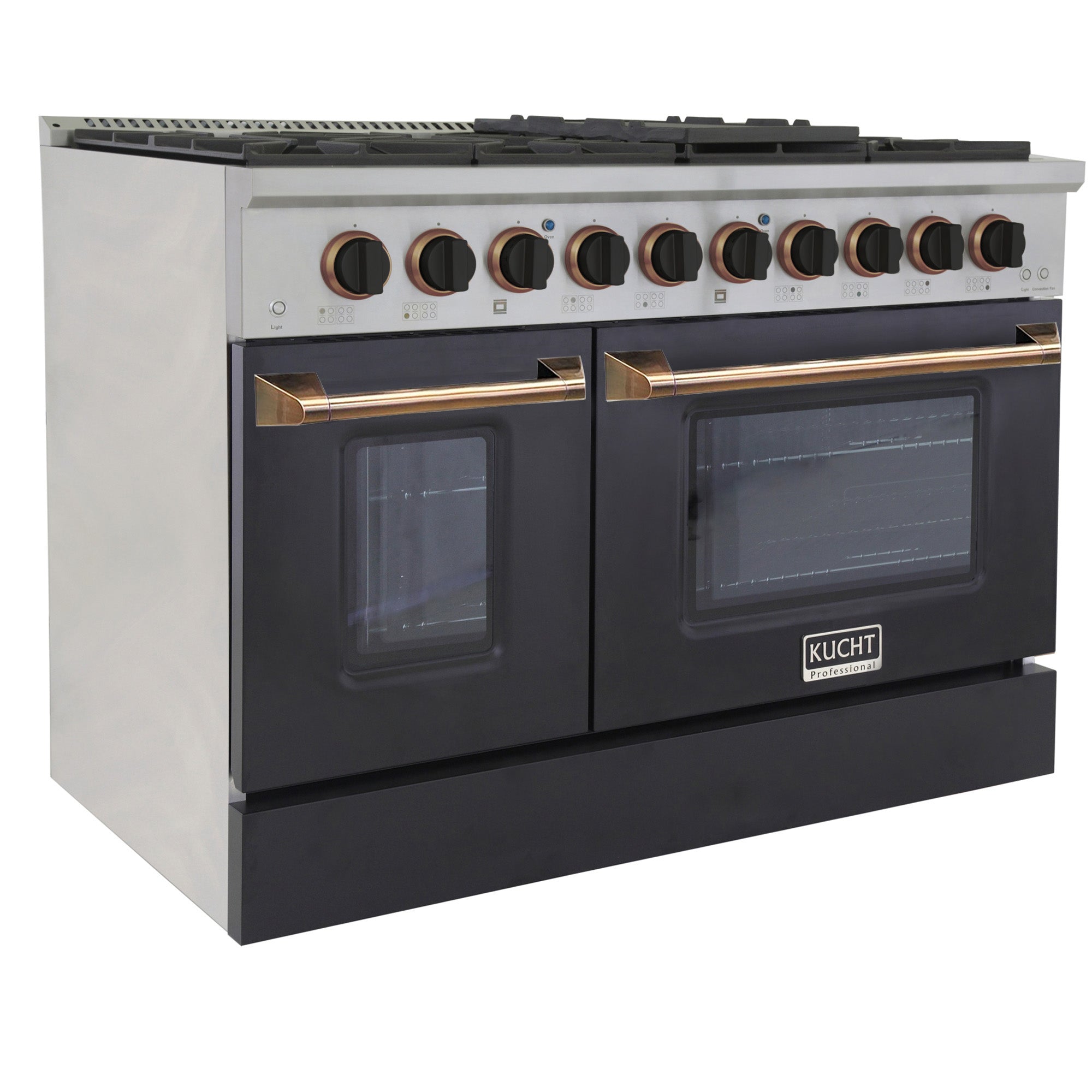 KUCHT Professional 48 in. 6.7 cu. ft. Dual Fuel Range for Propane Gas with Sealed Burners Griddle Grill and Two Ovens One Convection in Stainless Steel with White Oven Door White Knobs and knob rings