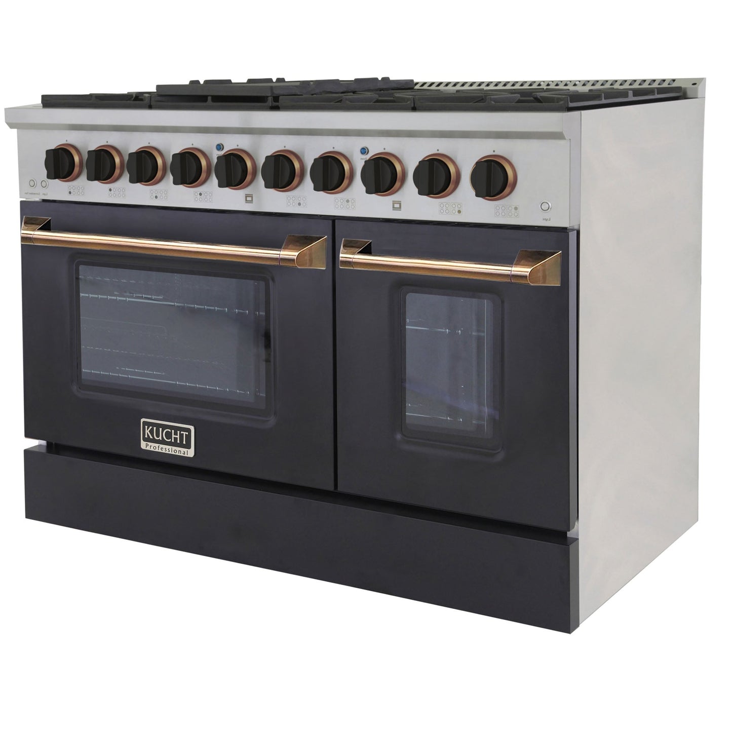 KUCHT Professional 48 in. 6.7 cu. ft. Dual Fuel Range for Propane Gas with Sealed Burners Griddle Grill and Two Ovens One Convection in Stainless Steel with White Oven Door White Knobs and knob rings