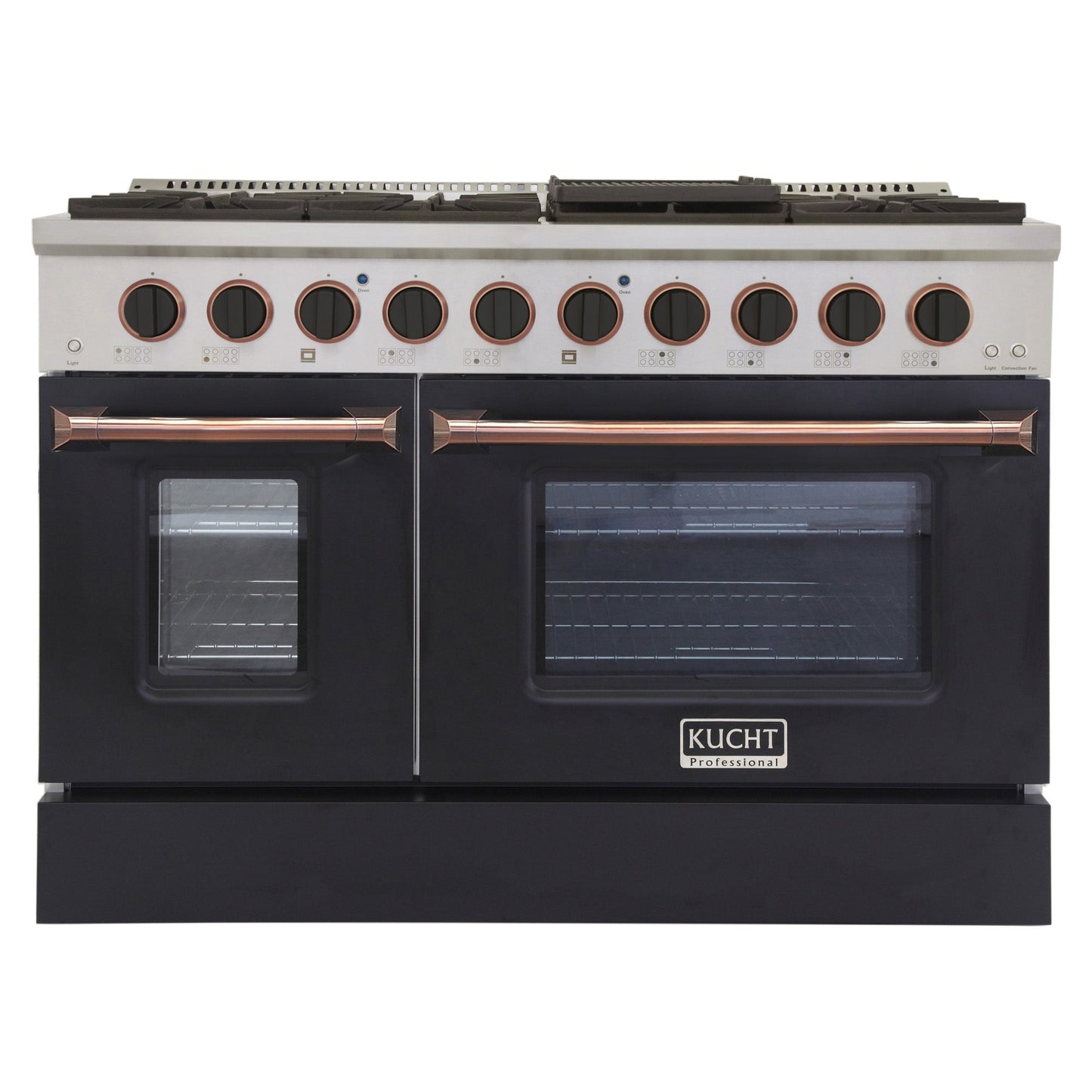 KUCHT Professional 48 in. 6.7 cu. ft. Dual Fuel Range for Propane Gas with Sealed Burners Griddle Grill and Two Ovens One Convection in Stainless Steel with Black Oven Door Black Knobs and Knob Rings
