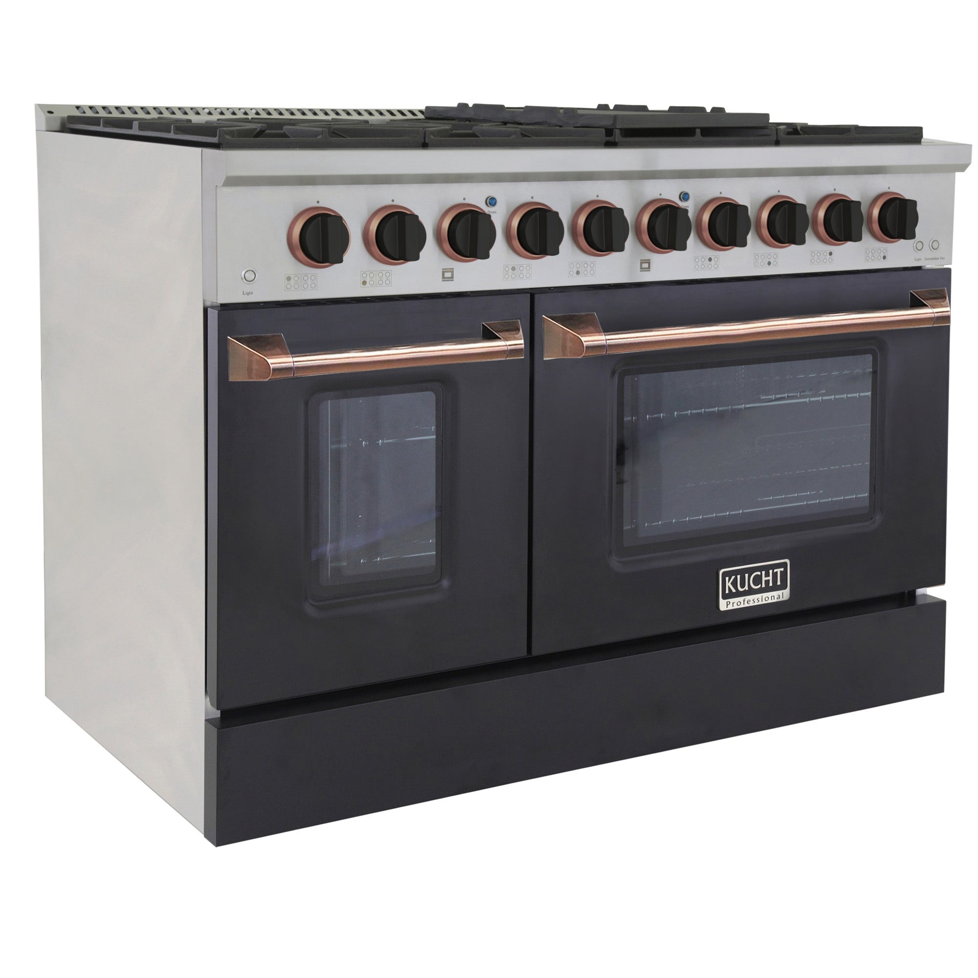 KUCHT Professional 48 in. 6.7 cu. ft. Dual Fuel Range for Propane Gas with Sealed Burners Griddle Grill and Two Ovens One Convection in Stainless Steel with Black Oven Door Black Knobs and Knob Rings