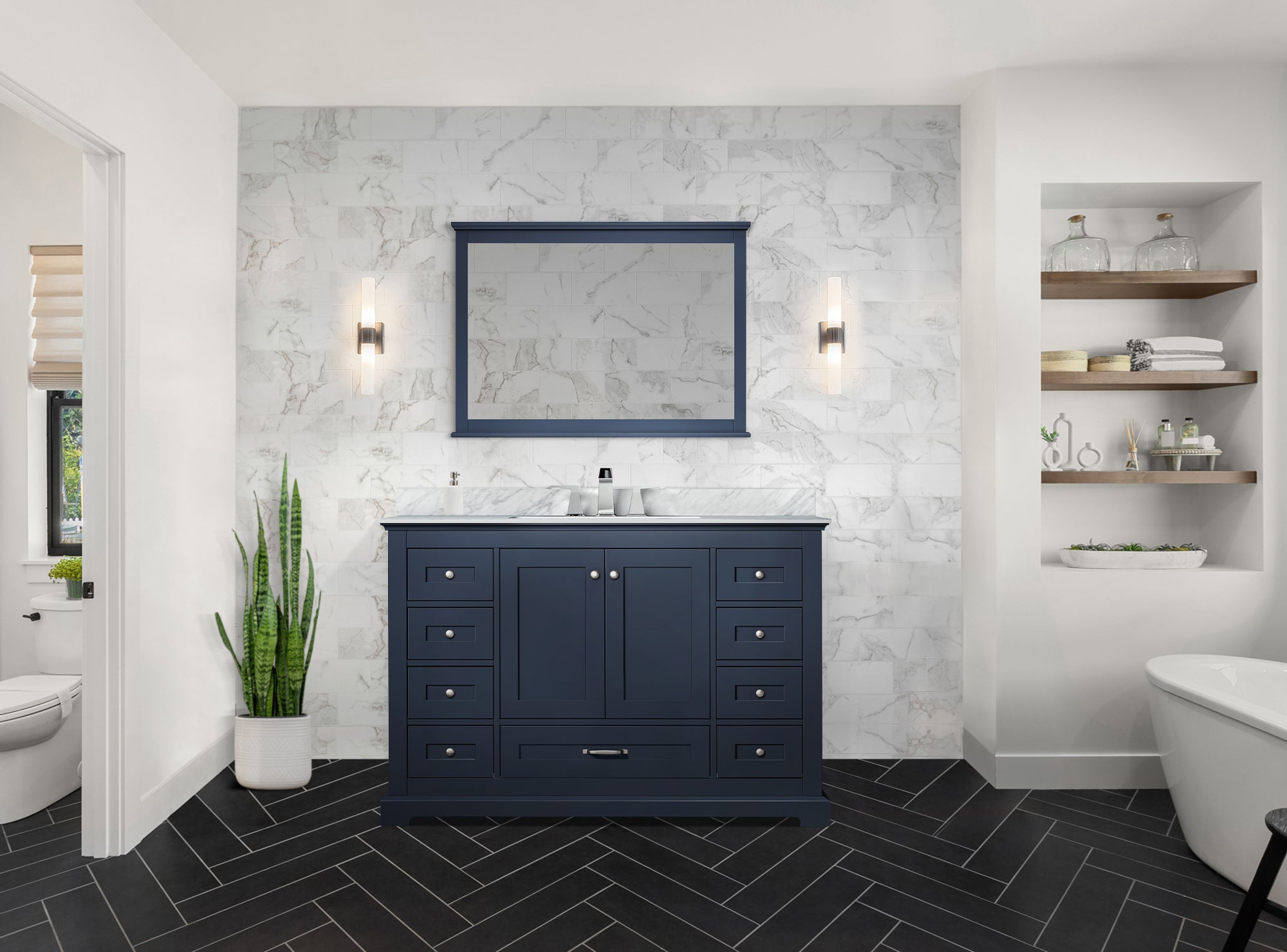 Dukes 48 in. Freestanding Bathroom Vanity with White Carrara Marble Top, White Square Sink