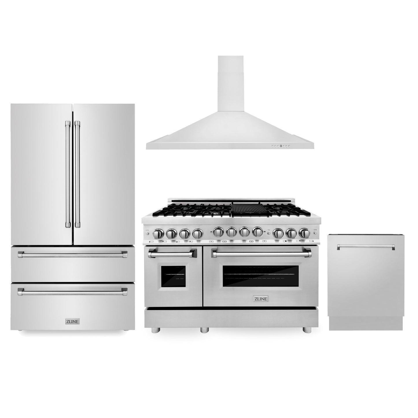 ZLINE Kitchen Package with Refrigeration, 48 in. Stainless Steel Gas Range, 48 in. Convertible Vent Range Hood and 24 in. Tall Tub Dishwasher (4KPR-RGRH48-DWV)