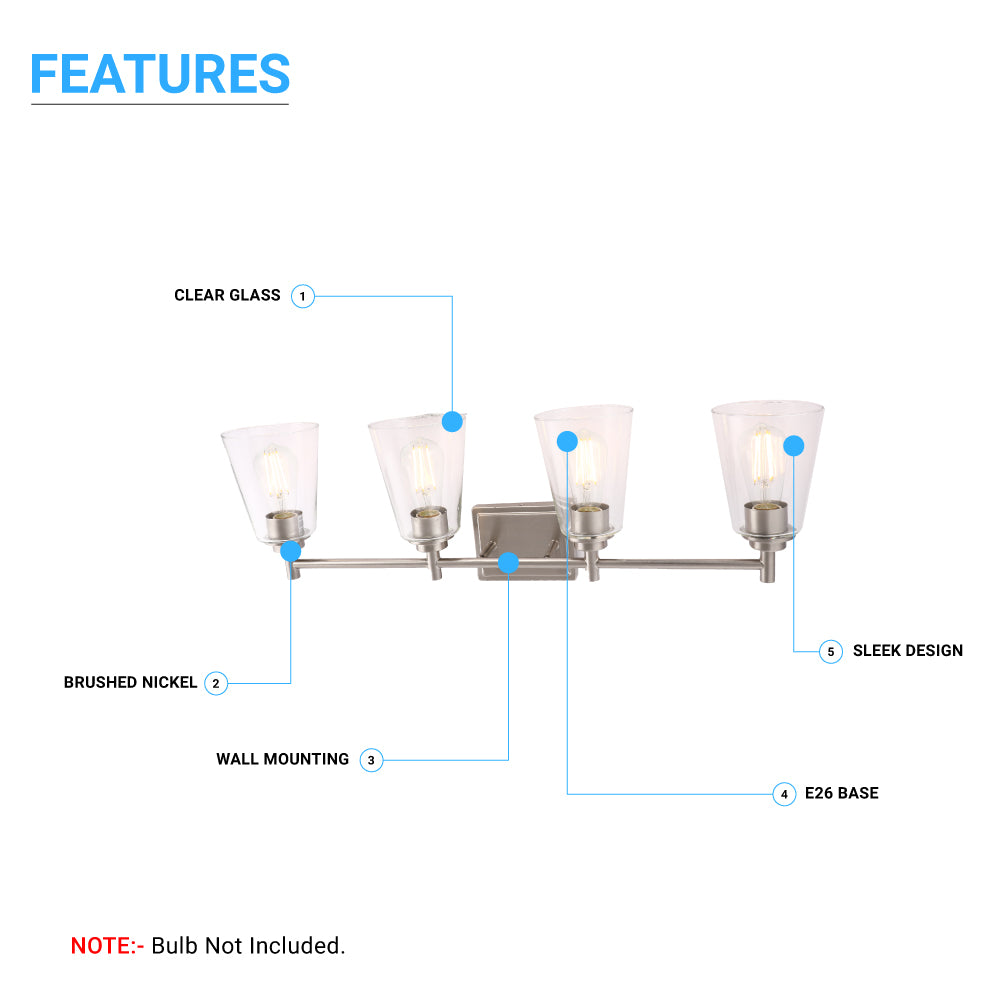 Flared Shape Bathroom Light Fixtures with Clear Glass Shade, E26 Base, UL Listed for Damp Location, Wall Mount, Bathroom Vanity Lighting