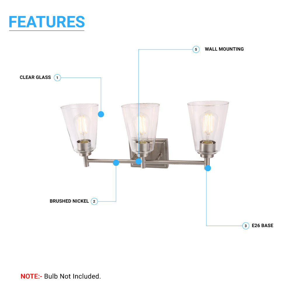 Flared Shape Bathroom Light Fixtures with Clear Glass Shade, E26 Base, UL Listed for Damp Location, Wall Mount, Bathroom Vanity Lighting