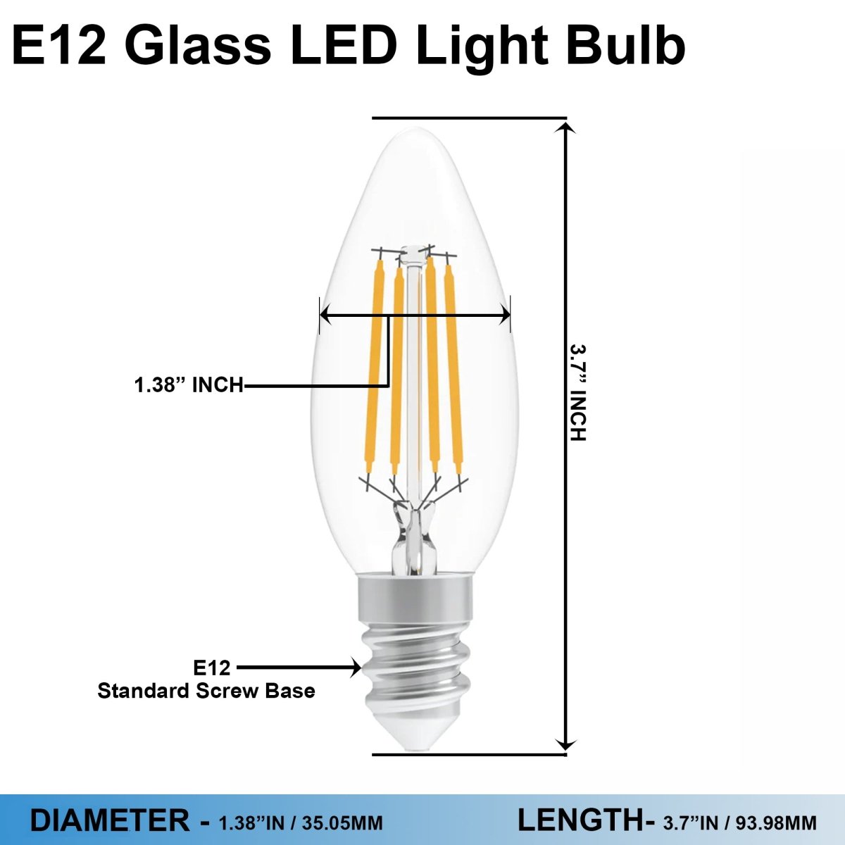 4W Filament LED Bulb, 2700K, 360LM, 120V/60Hz, 4short filament, E12 Base, Dimmable, Clear Glass, LED Candelabra Light Bulbs - D1.38"*3.7"H