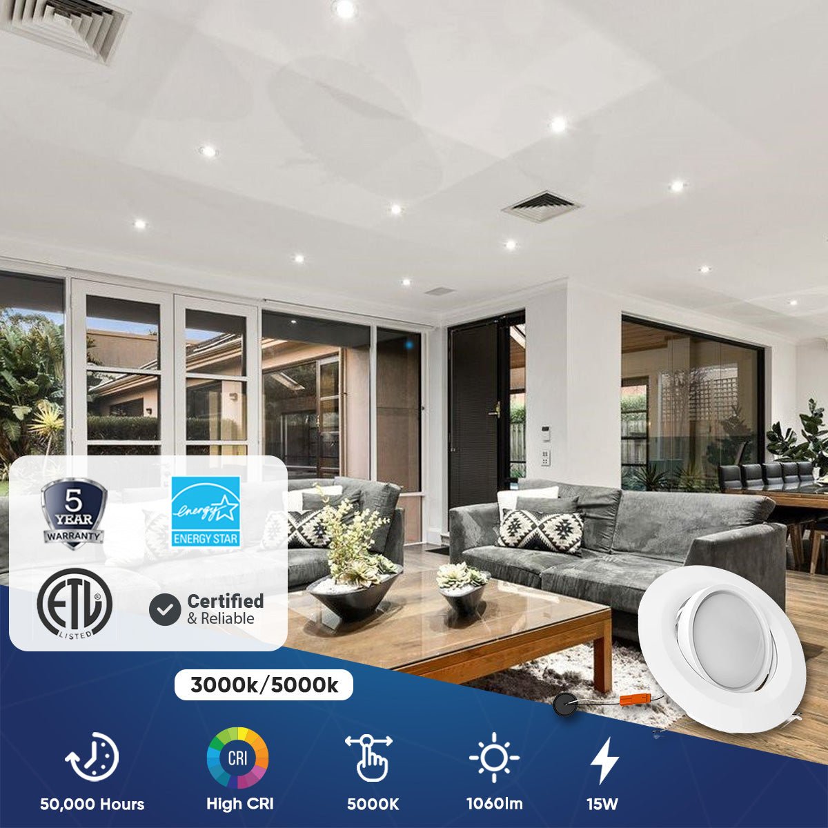 5 in. and 6 in. White LED Recessed Ceiling Light Fixture Trim with Adjustable Eyeball, 15W, 1060LM, Dimmable, Energy Star & ETL