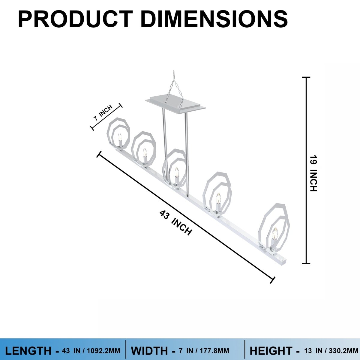 5-Light Chrome and stainless steel Finish with Deco Candlestick Linear Chandelier for Dining Room - 43"L x 7“W x 13”H