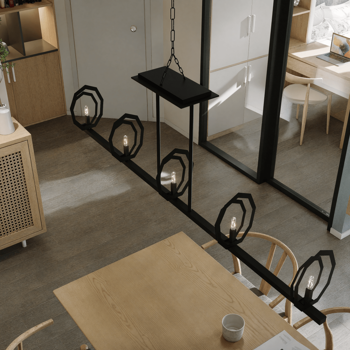 5-Light Matte Black Finish with Deco Candlestick Linear Chandelier for Dining Room - 43"L x 7“W x 13”H