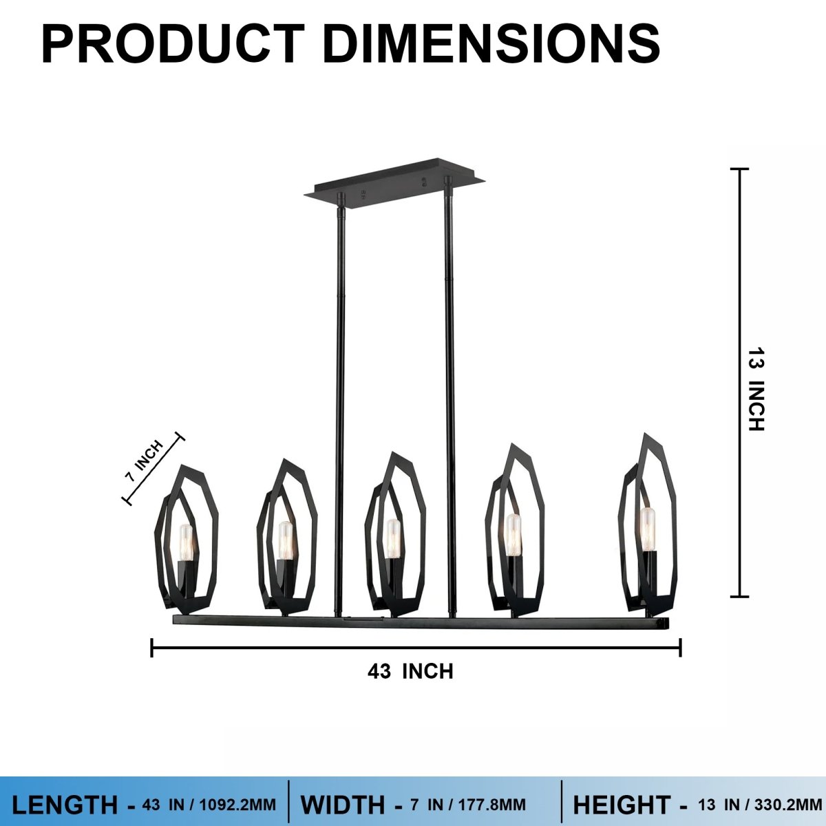 5-Light Matte Black Finish with Deco Candlestick Linear Chandelier for Dining Room - 43"L x 7“W x 13”H