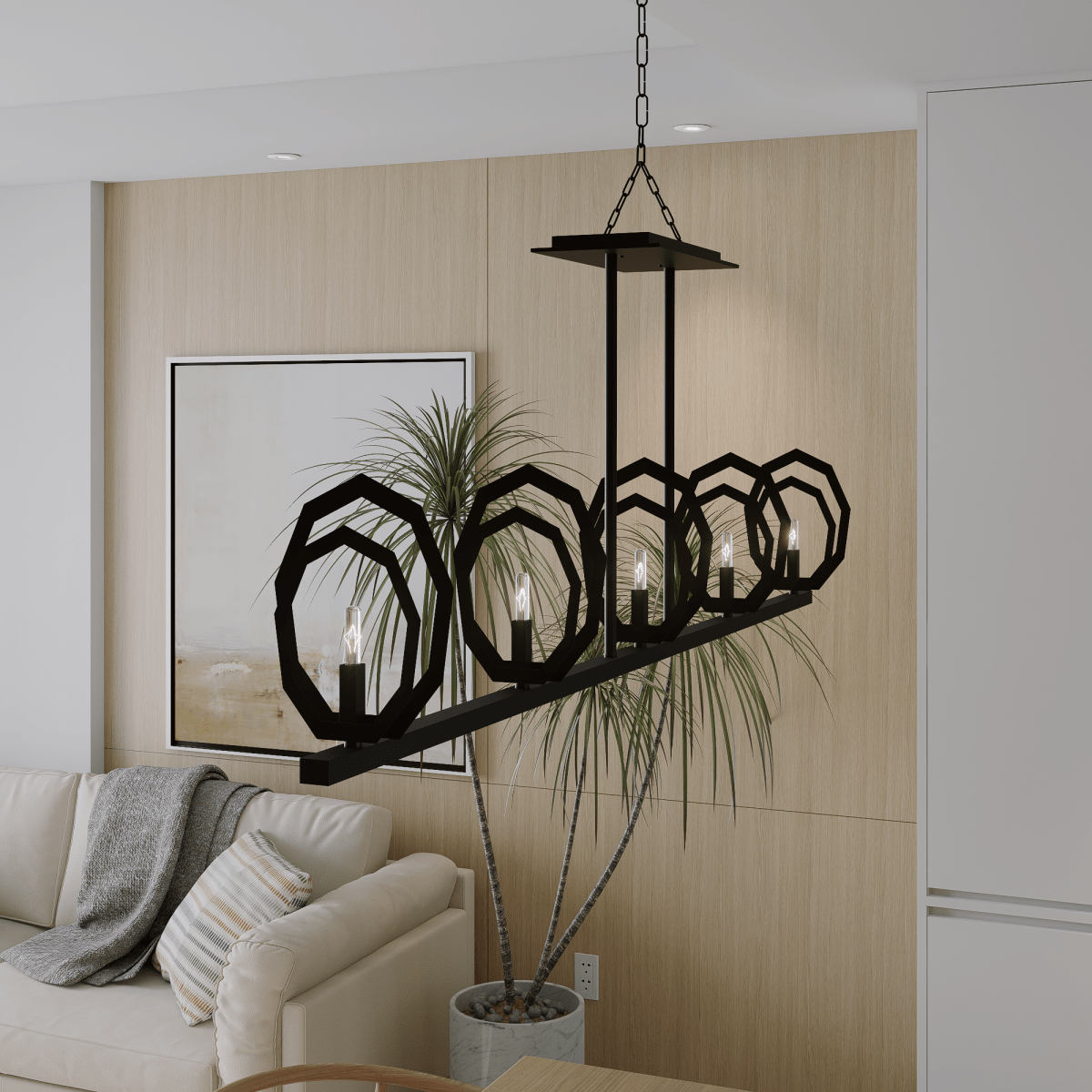 5-Light Matte Black Finish with Deco Candlestick Linear Chandelier for Dining Room - 43"L x 7“W x 13”H