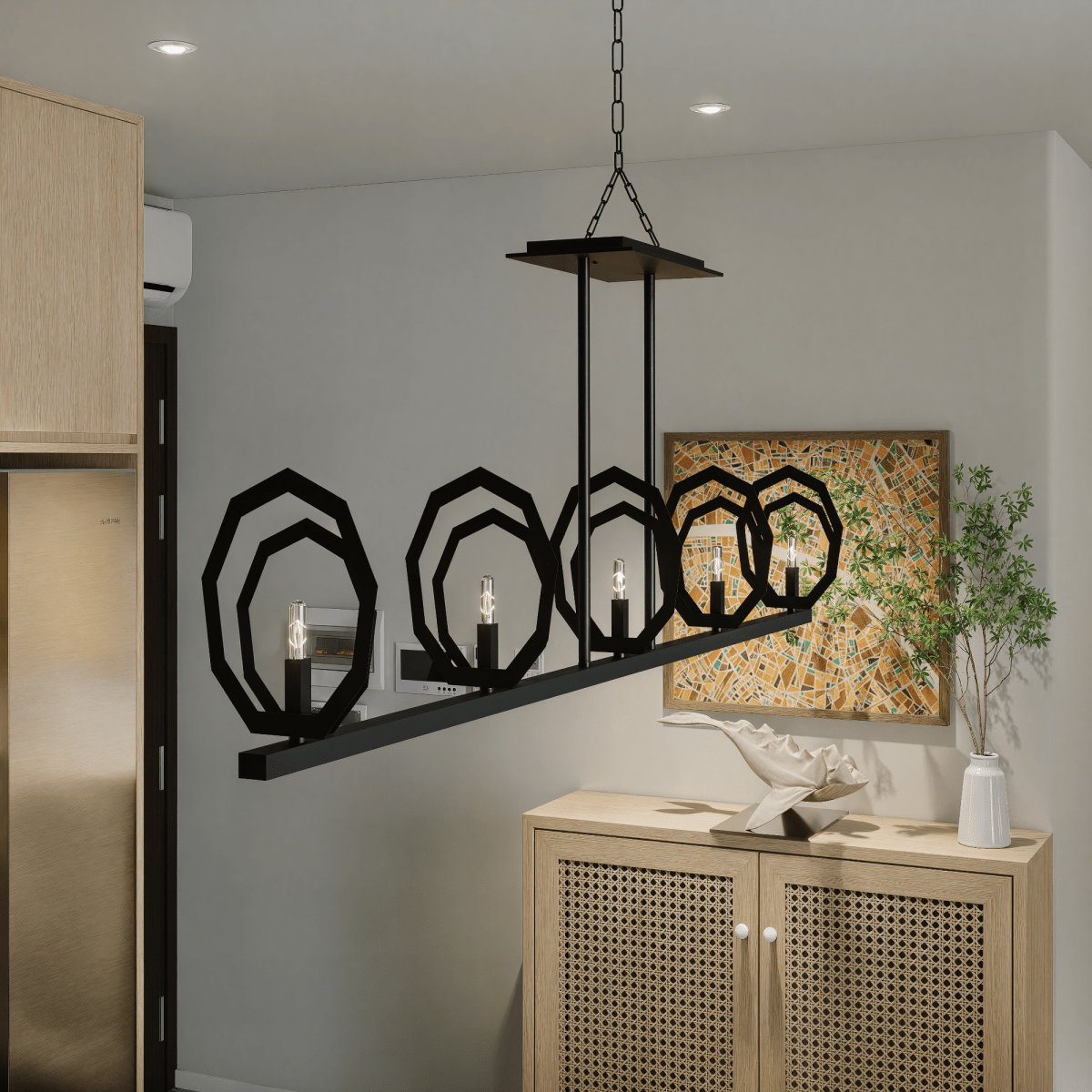 5-Light Matte Black Finish with Deco Candlestick Linear Chandelier for Dining Room - 43"L x 7“W x 13”H