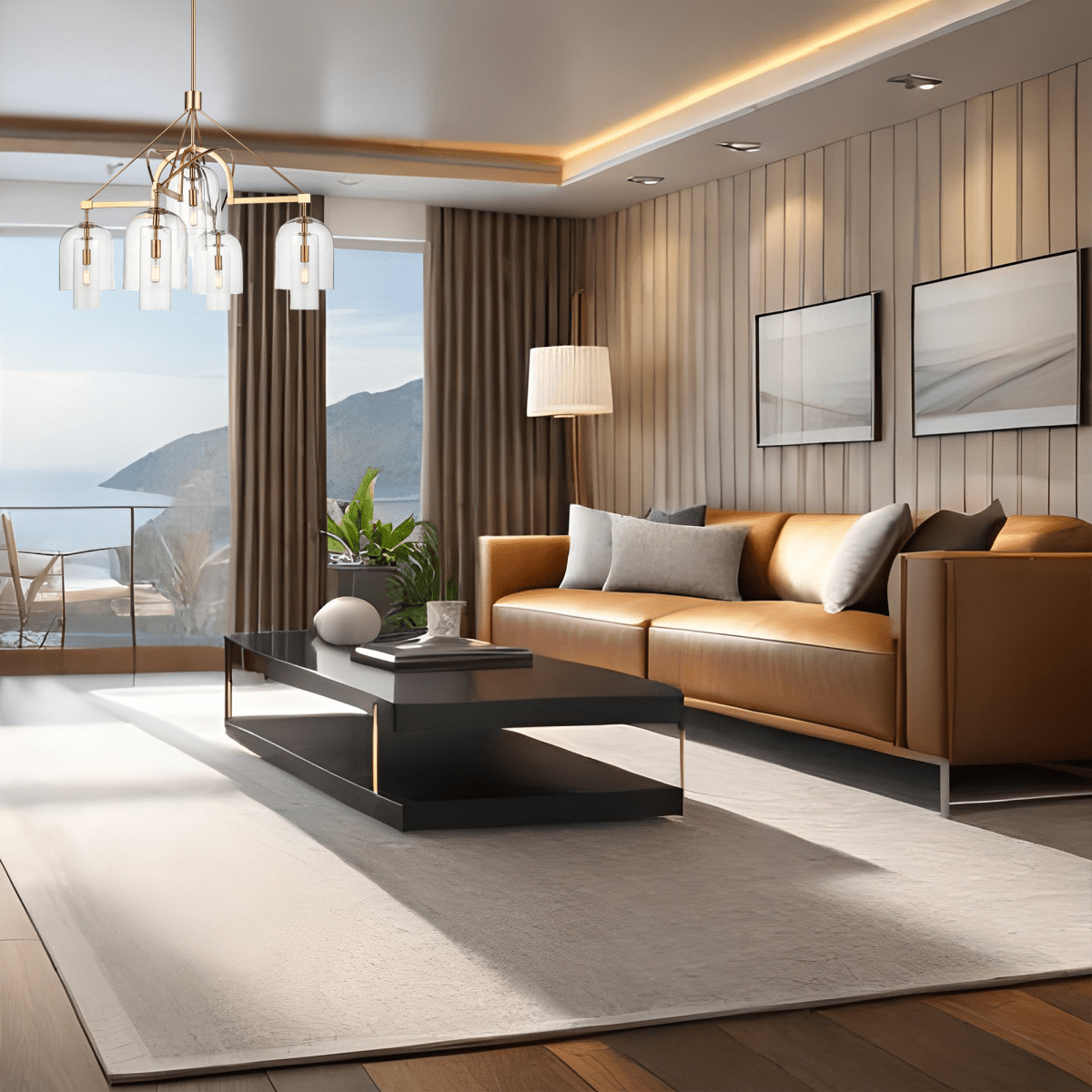 5-Light Modern Glass Bell Shade Round Chandelier Diam 35.5", Brass Finish Hardware with Clear Glass, 27.5" Height, 120V, Bulb Type B10, Socket Type E12, Max wattage Per Socket 60W