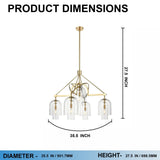 5-Light Modern Glass Bell Shade Round Chandelier Diam 35.5", Brass Finish Hardware with Clear Glass, 27.5" Height, 120V, Bulb Type B10, Socket Type E12, Max wattage Per Socket 60W