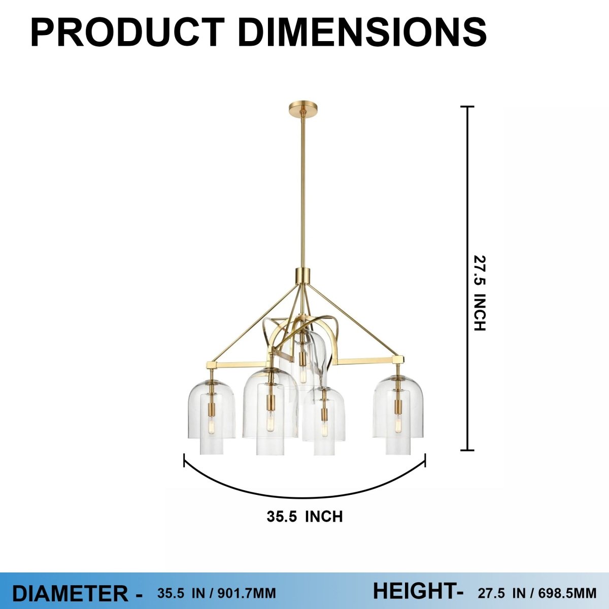 5-Light Modern Glass Bell Shade Round Chandelier Diam 35.5", Brass Finish Hardware with Clear Glass, 27.5" Height, 120V, Bulb Type B10, Socket Type E12, Max wattage Per Socket 60W
