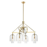 5-Light Modern Glass Bell Shade Round Chandelier Diam 35.5", Brass Finish Hardware with Clear Glass, 27.5" Height, 120V, Bulb Type B10, Socket Type E12, Max wattage Per Socket 60W