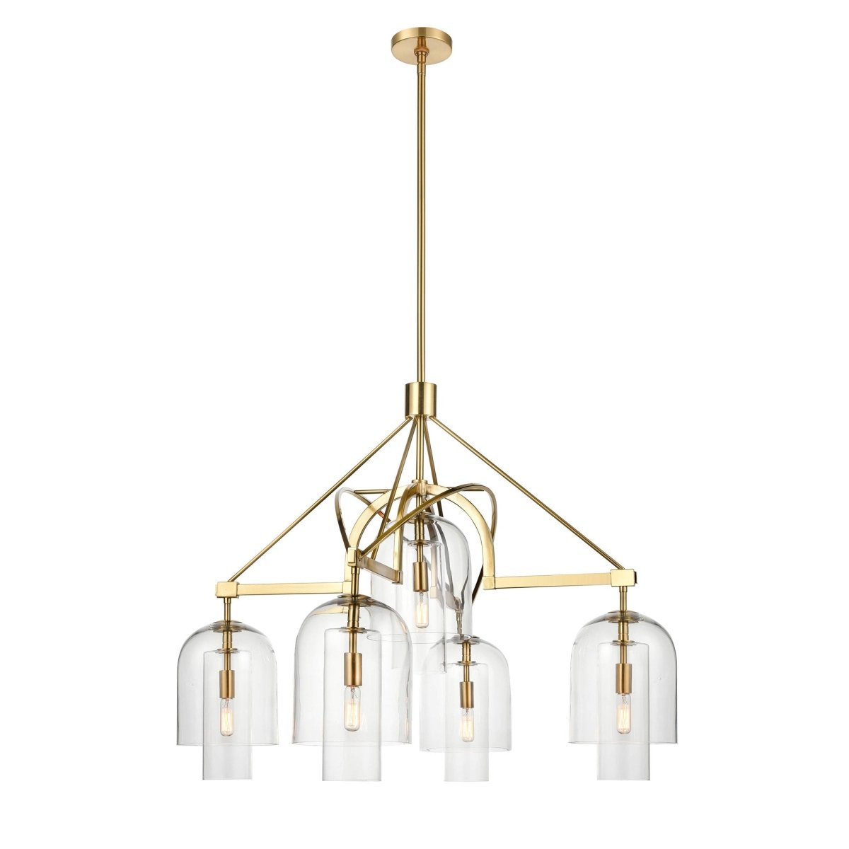 5-Light Modern Glass Bell Shade Round Chandelier Diam 35.5", Brass Finish Hardware with Clear Glass, 27.5" Height, 120V, Bulb Type B10, Socket Type E12, Max wattage Per Socket 60W