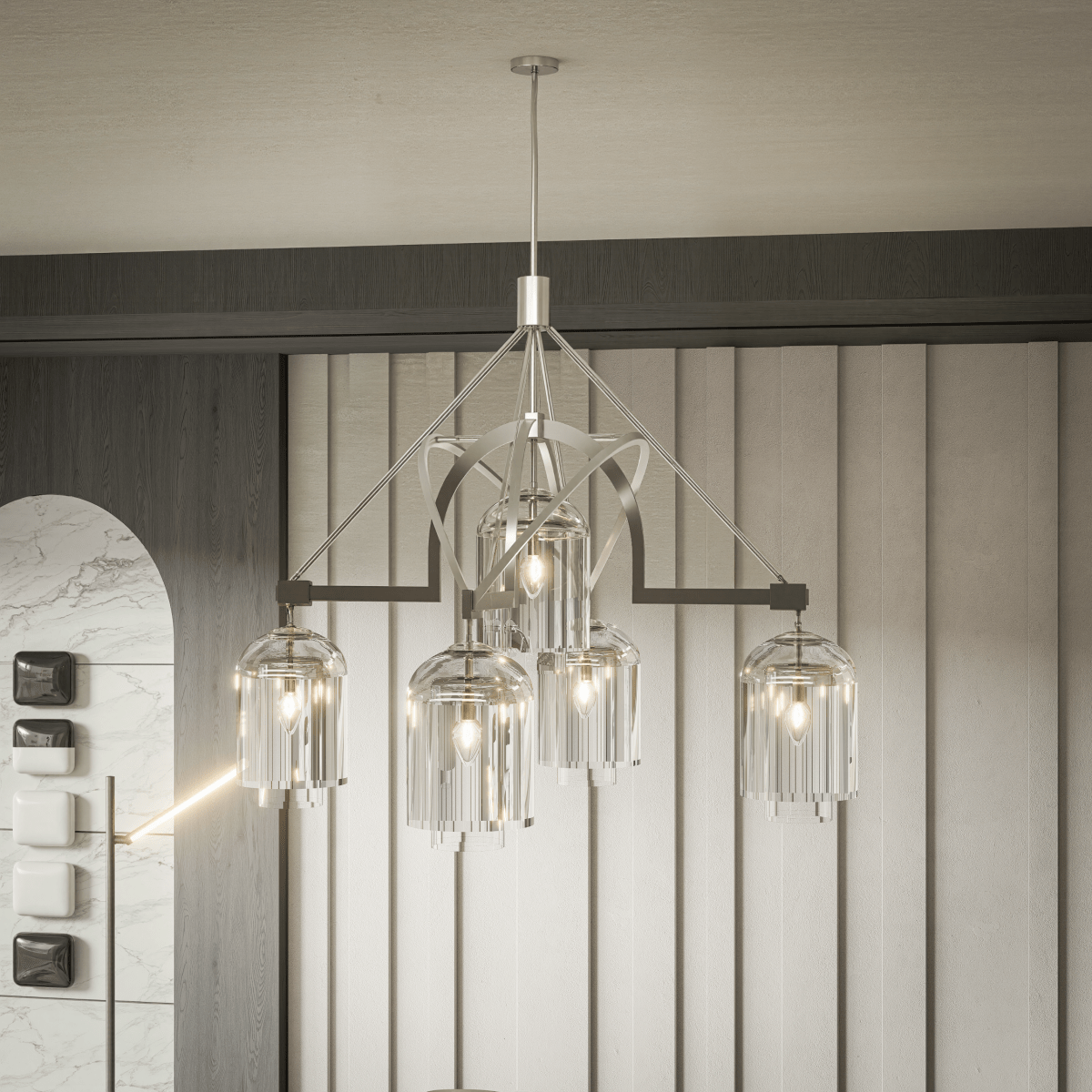 5-Light Modern Glass Bell Shade Round Chandelier Diam 35.5", Polished Nickel Finish Hardware with Clear Glass, 27.5" Height, 120V, Bulb Type B10, Socket Type E12, Max wattage Per Socket 60W