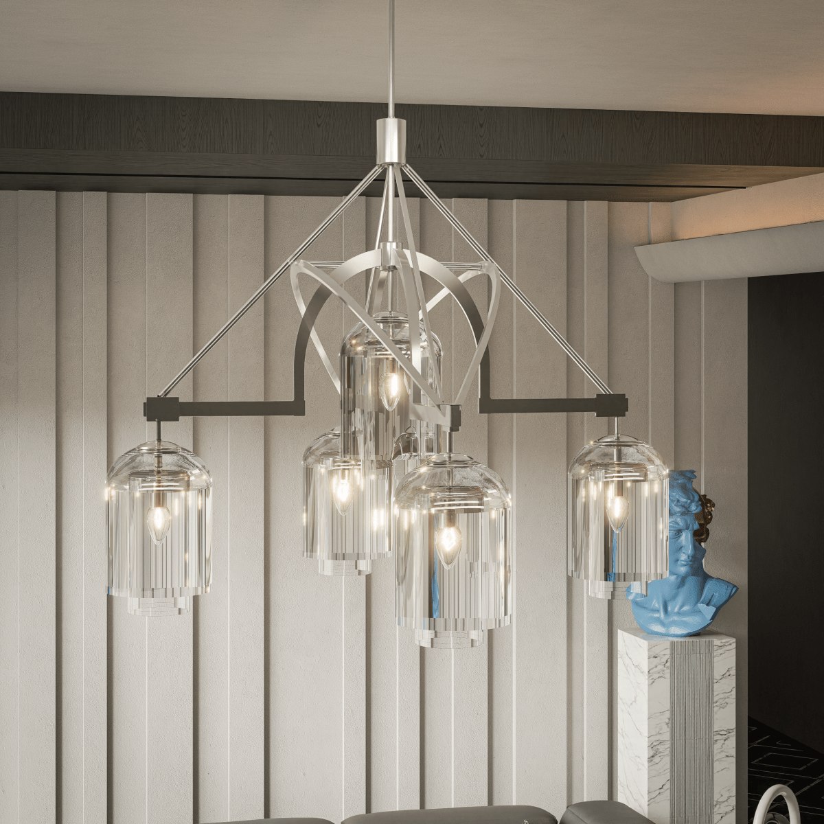 5-Light Modern Glass Bell Shade Round Chandelier Diam 35.5", Polished Nickel Finish Hardware with Clear Glass, 27.5" Height, 120V, Bulb Type B10, Socket Type E12, Max wattage Per Socket 60W